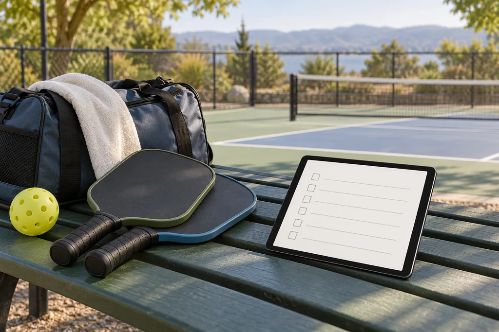 Liste cochée sur une tablette posée près d'un sac de sport et de raquettes de pickleball.