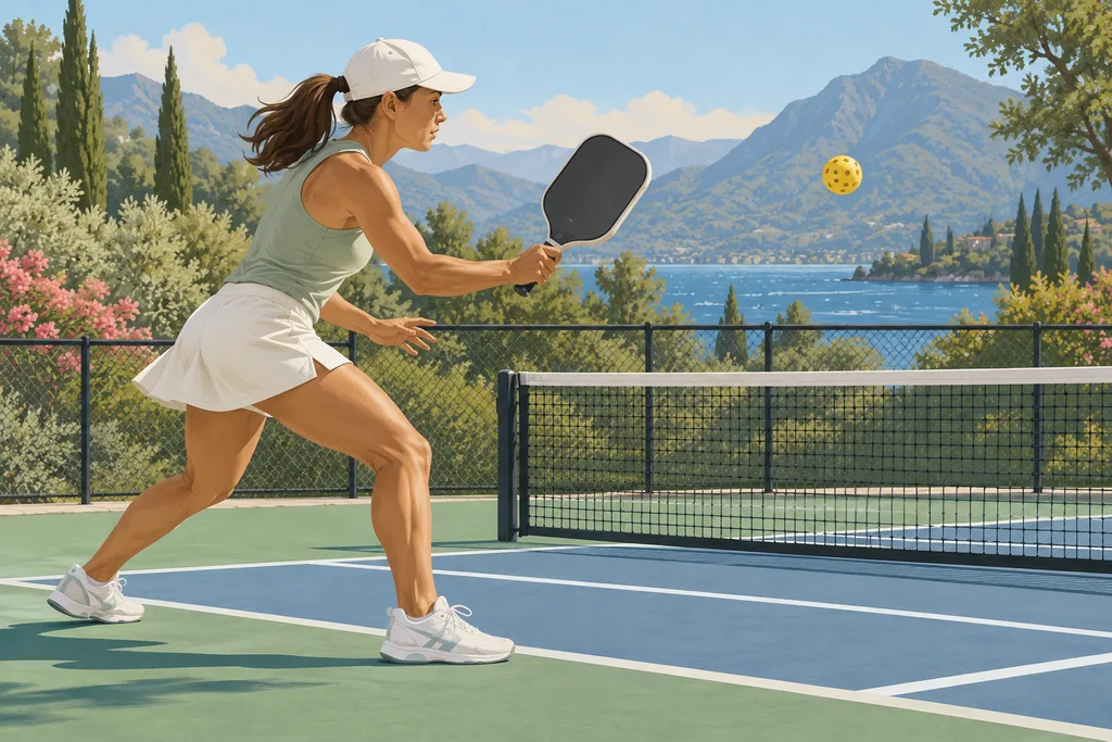Joueur de pickleball en plein échange sur un court extérieur, vu de profil, raquette en main.