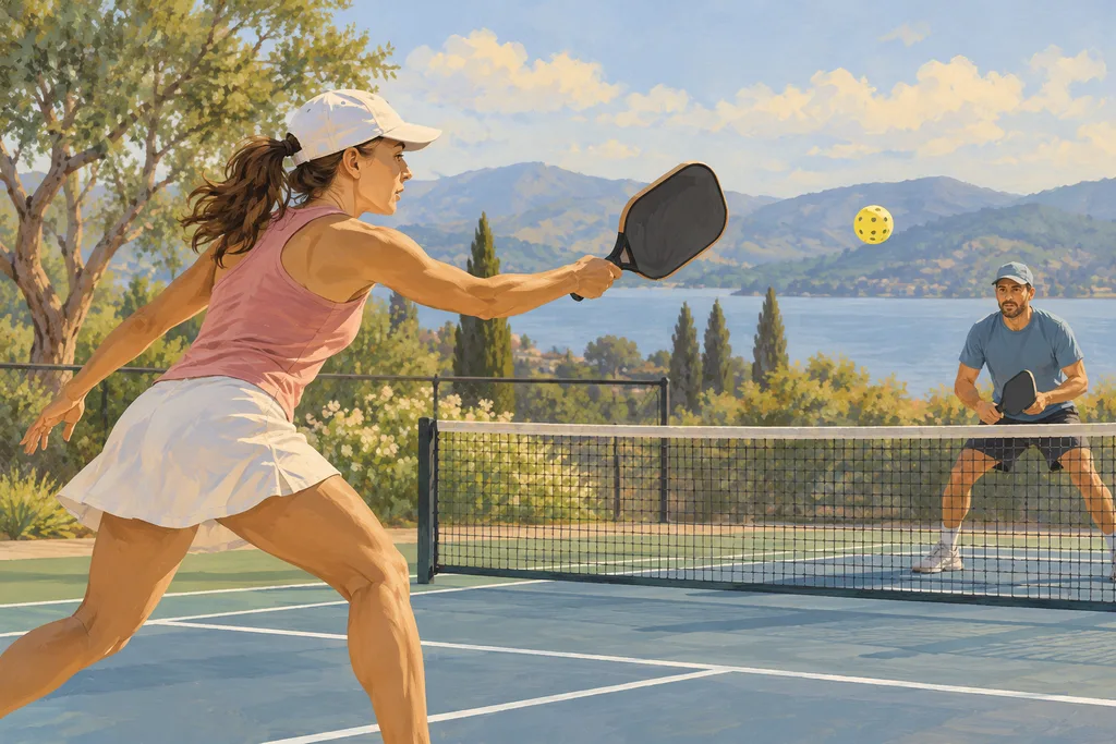 Joueur de pickleball en plein échange sur un court extérieur, vu de profil, raquette en main.