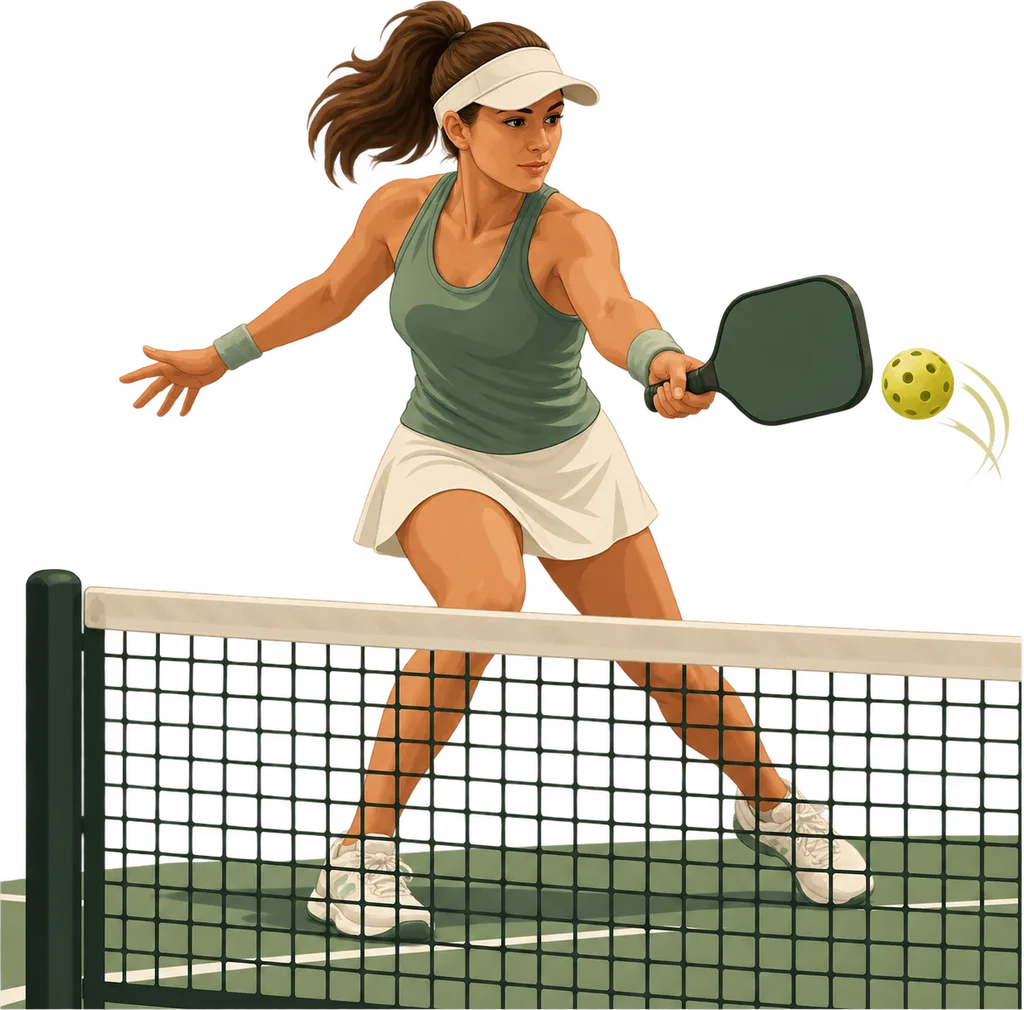 Illustration éditoriale sobre d'un joueur de pickleball en pleine frappe au filet sur un court extérieur, raquette pleine en main et balle perforée en vol.